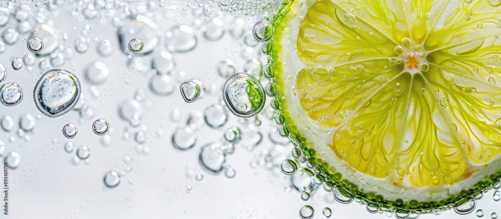 Poster Isolated lime slice with bubbles in a copy space image.