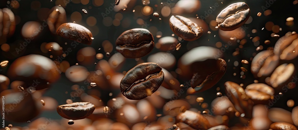 Aufkleber Coffee beans with a rich hue falling and spinning in close-up view, creating a captivating visual with copy space image.