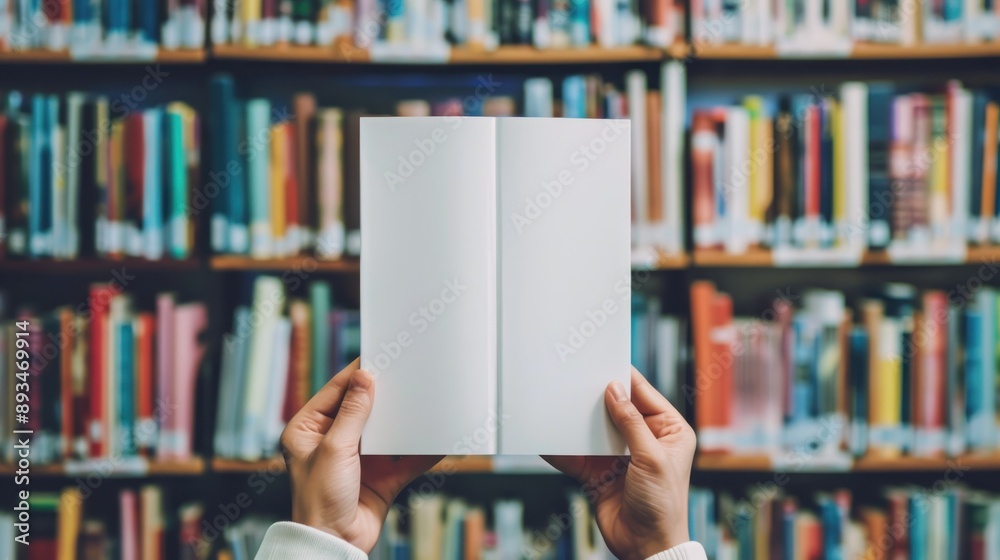 Poster a closeup of hands holding a blank book in front of a blurred bookshelf