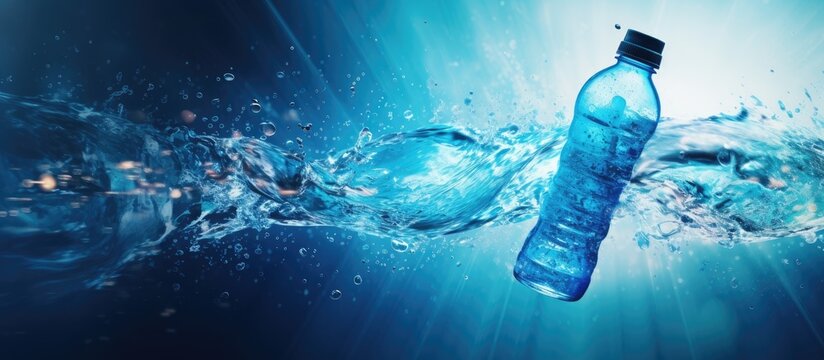 Blue bottled isotonic energy drink ideal for staying hydrated during physical activities like running, yoga, and cardio workouts. Fitness theme with a horizontal background for a copy space image.