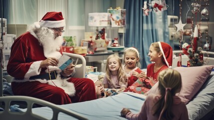 Fototapeta premium photograph of a doctor and their pediatric patients playing holiday games and decorating a Christmas tree in a hospital playroom