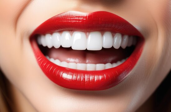  Close up of a beautiful young woman smiling with healthy white teeth. dental work. woman smile with red lips and perfect white teeth