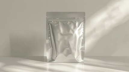 A Silver Foil Pouch Stands on a White Surface with Natural Light Streaming Through a Window