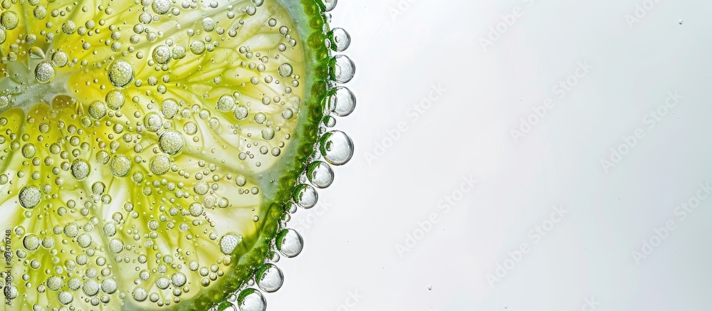 Poster Isolated lime slice with bubbles in a copy space image.