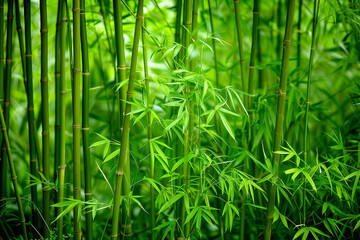 Fototapeta premium A dense bamboo forest with green leaves and slender stalks, creating an atmosphere of tranquility and natural beauty