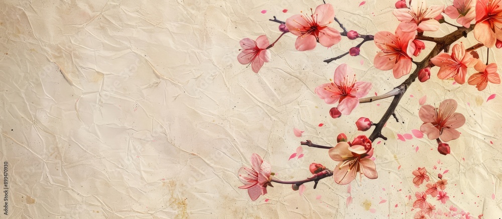 Poster Cherry blossoms on a paper background with copy space image for text.
