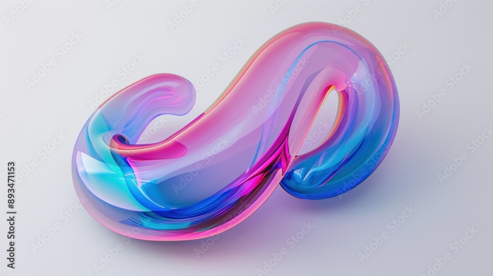 Poster an abstract glass sculpture with iridescent colors resting on a white background