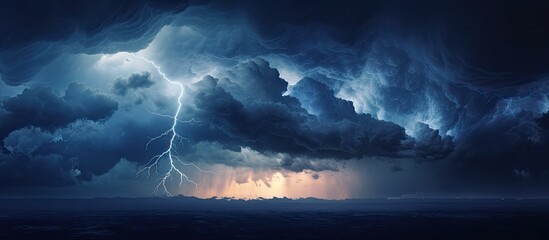 Dark blue sky overlaid with an imposing rising thunderhead cloud formation, creating a dramatic scene with a copy space image.