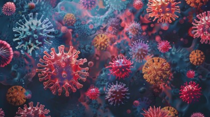 Obraz premium Colorful Viruses under microscope, Dangerous influenza or coronavirus cells for background