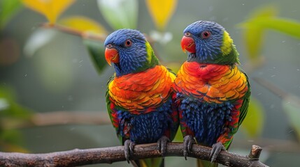 Two Rainbow Lorikeets Perched on a Branch