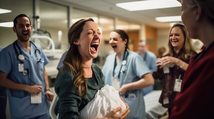 Fototapeta premium Photograph of a female doctor celebrating a successful project with her team in a lively pharmacy meeting room