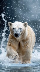 A polar bear walks across melting ice floes in the Arctic, with water splashing around its paws