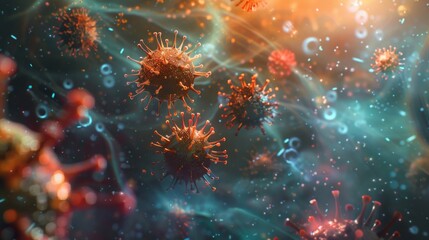 Fototapeta premium Colorful Viruses under microscope, Dangerous influenza or coronavirus cells for background