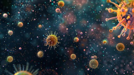 Colorful Viruses under microscope, Dangerous influenza or coronavirus cells for background