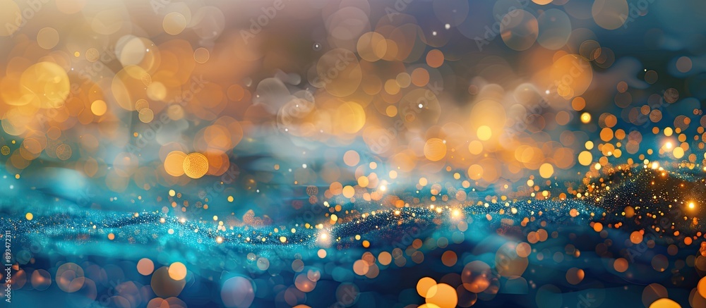 Aufkleber Beautiful ocean blue and golden-colored bokeh line with a colorful bokeh curtain in the background, perfect as a copy space image.
