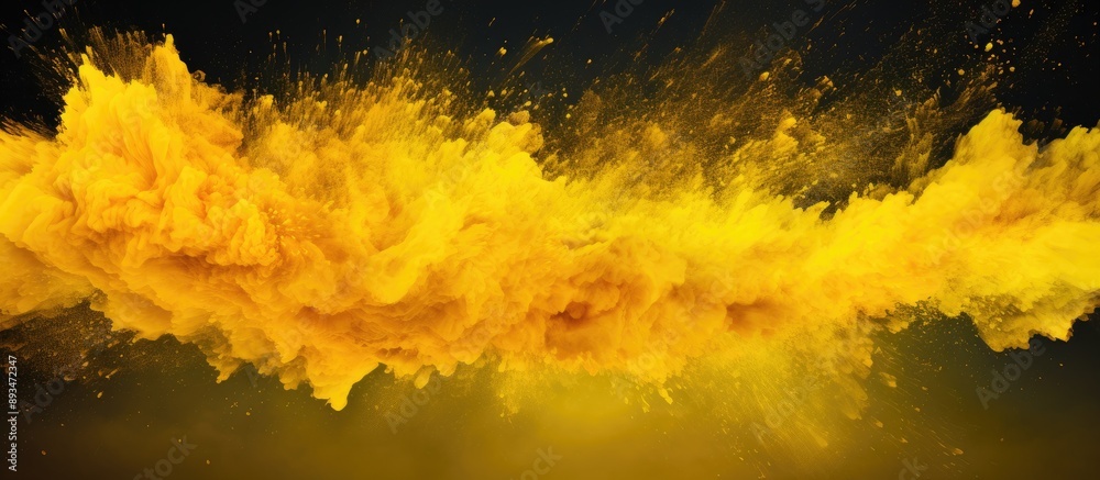 Aufkleber Yellow powder splatters in a vibrant explosion on an abstract background with a glittery texture in a freeze-frame copy space image.