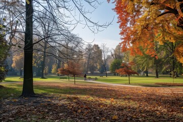 Colorful autumn park on sunny morning in Krakow, Poland