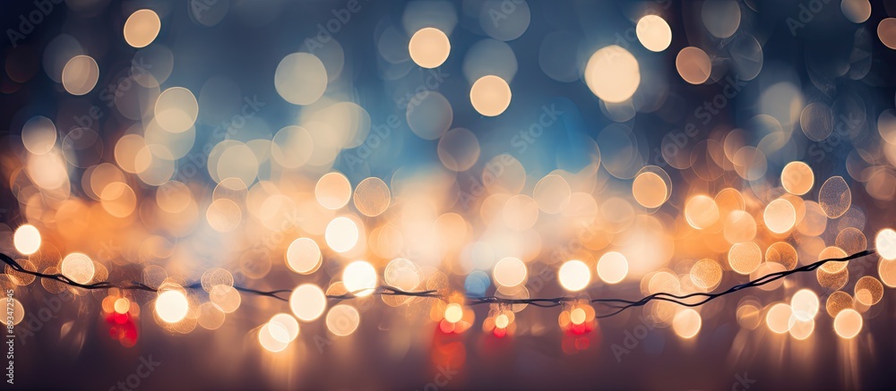 Poster bokeh effect showcases blurred christmas lights on a christmas tree with copy space image.