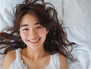 Beautiful asian young woman with long black hair and white eyes
