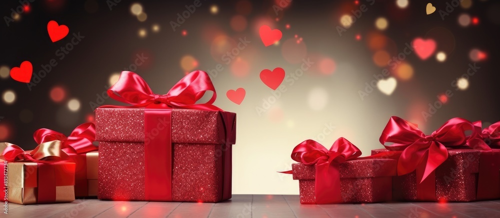 Aufkleber colorful gift boxes with red bows and a heart on top, creating a festive display with space for text