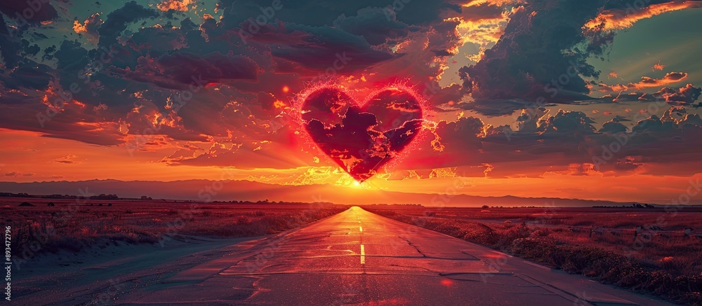 Poster sunset creates a red heart-shaped sky in a beautiful landscape with a road, clouds, and a romantic b