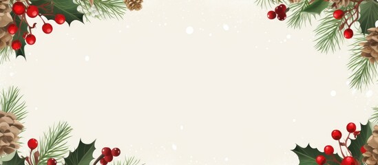 Festive Christmas background with ample copy space image, showcasing a flat lay and top view. Adorned with a decorative frame of fir branches and holly berries, plus a paper notice sheet.