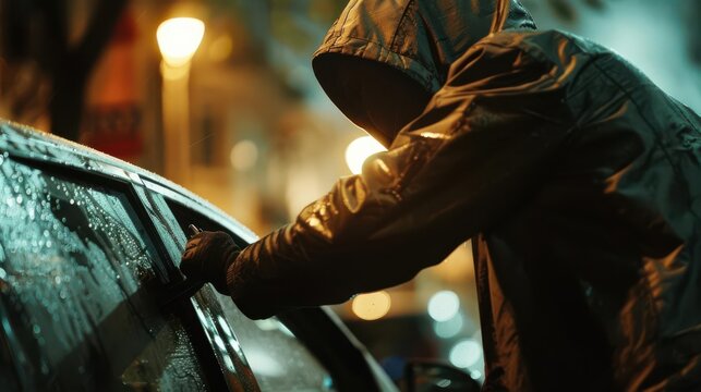 A person in a hooded jacket attempting to break into a car with a tool.