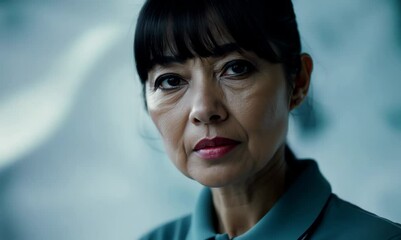 Close-up portrait video of a serious Chinese woman in her 40s wearing a sporty polo shirt against an abstract background  - Powered by Adobe