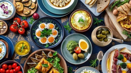 Luxurious breakfast spread with global dishes including Turkish delights and fresh ingredients