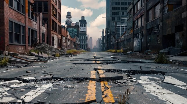 A horrifying abandoned city street with cracked pavement and decayed buildings, evoking an atmospheric and scary zombie outbreak theme
