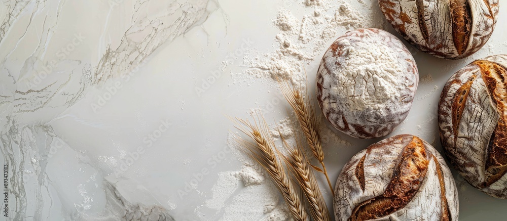 Poster Overhead view of rye and wheat loaves with flour traces on a white marble surface featuring a space for text ideal for a copy space image