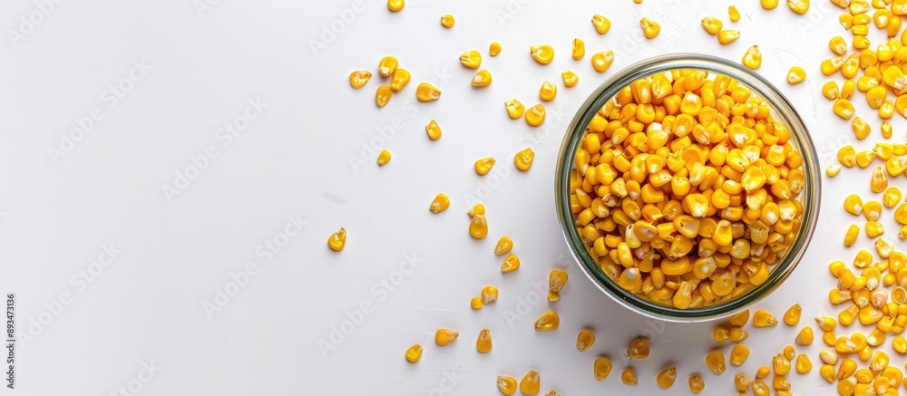 Poster top view of canned sweet corn grains on a white background with space for additional images