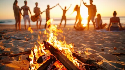 Friends enjoying a lively beach bonfire, laughing and dancing at sunset