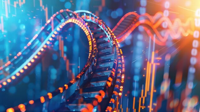 A rollercoaster looping through financial symbols representing the unpredictable nature of risks in the economy.