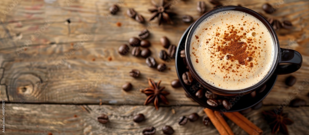 Poster cappuccino with cinnamon and coffee beans on a wooden backdrop with copy space image