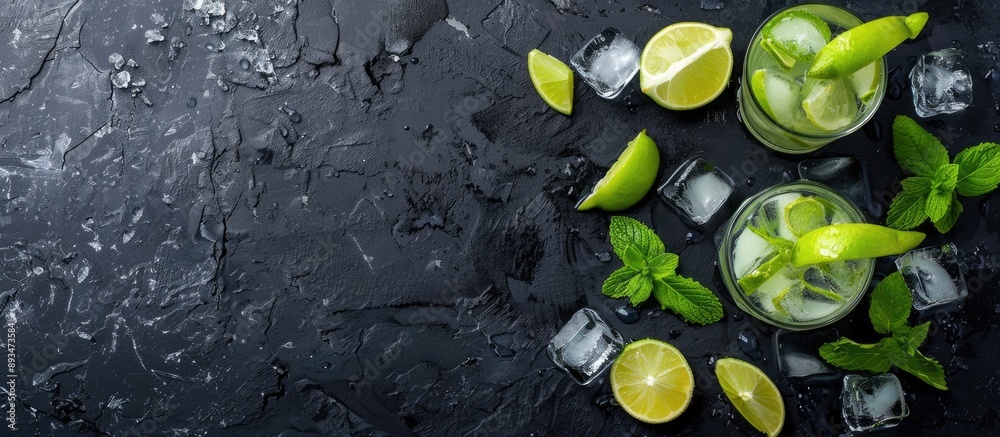 Poster High angle view of a mojito cocktail on a dark slate background with ample copy space image