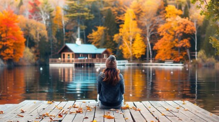 Back view of a female sitting on wooden walkway bridge over lake in Autumn