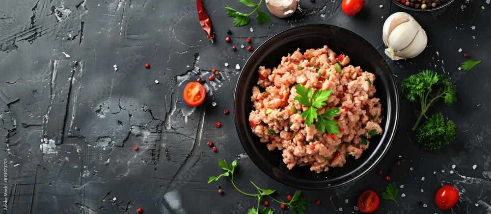Aufkleber top view of a black bowl with homemade minced chicken on a concrete backdrop complete with cooking i