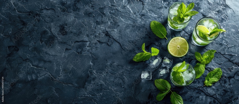 Poster High angle view of a mojito cocktail on a dark slate background with ample copy space image