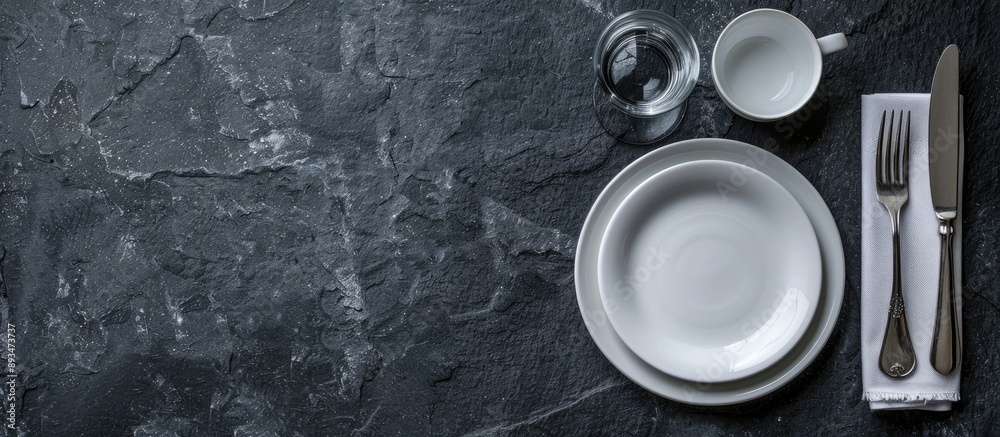 Poster Top view of a set table with white crockery silverware and napkin on a dark stone surface offering a background for text or recipes with ample copy space image
