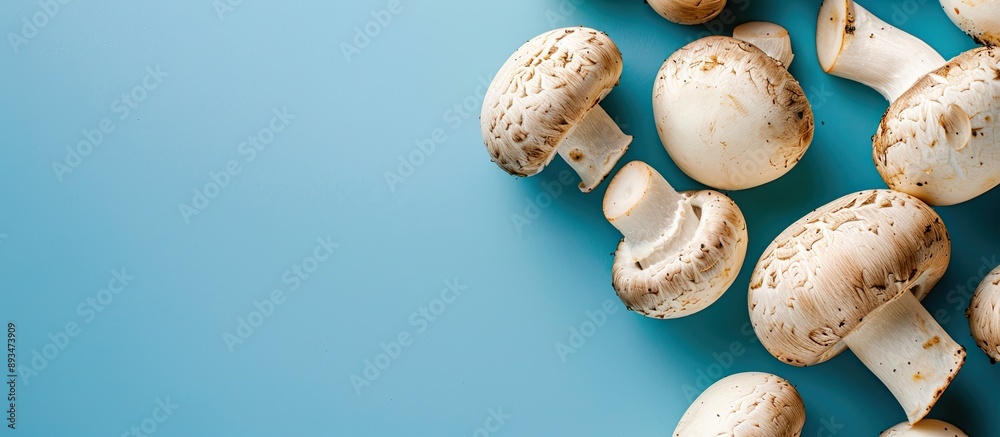 Fototapete close up image of champignons on a blue background with copy space image