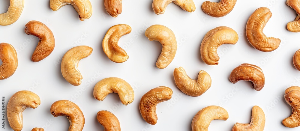 Poster Top view flat lay of roasted and salted Cashew nuts on a white background with copy space image