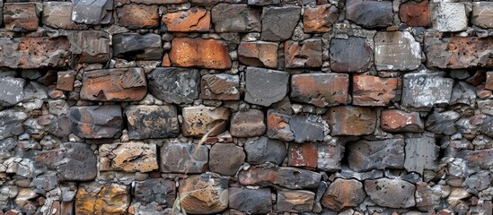 Obraz premium A dilapidated brick wall with deteriorating stones provides a weathered look in the close up copy space image