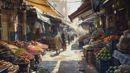 Fototapeta premium A bustling marketplace filled with fresh produce and various goods, with vendors selling under sunlit awnings in a vibrant, lively setting.