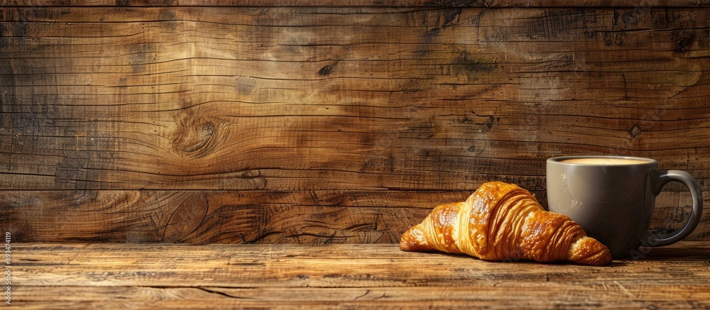 Poster a coffee mug and croissant beautifully displayed on a wooden surface with copy space image