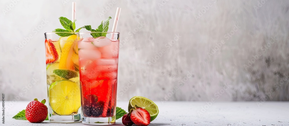 Poster Berry refreshing summer drinks with straw on light gray background in tall glasses featuring lime mojito and strawberry lemonade Copy space image included