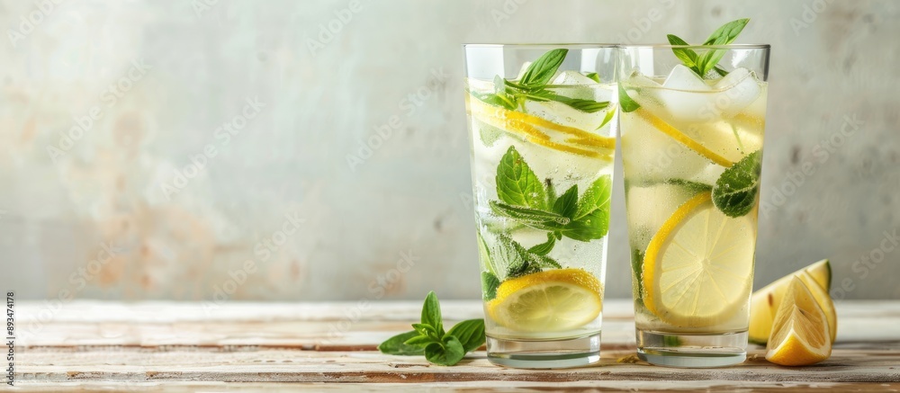 Poster healthy lemonade glasses displayed on a light wooden surface with copy space image