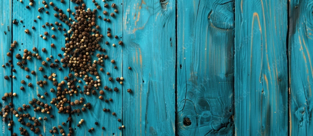 Poster light blue wooden table with peppercorns in a flat lay arrangement offering ample copy space image