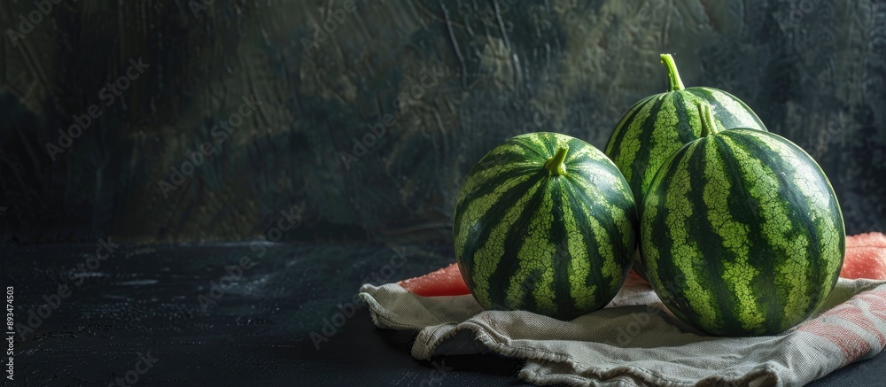 Poster ripe green striped watermelon on a kitchen towel against a black background showcasing organic farm 