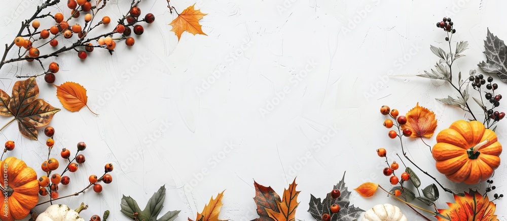 Poster Fall themed arrangement with leaves twigs pumpkin and berries on a white background presented from above with space for text or images. copy space available